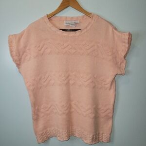 Kate Collins Pink Cotton Knit Short Sleeve Sweater Pointelle Ruffle Top USA Made